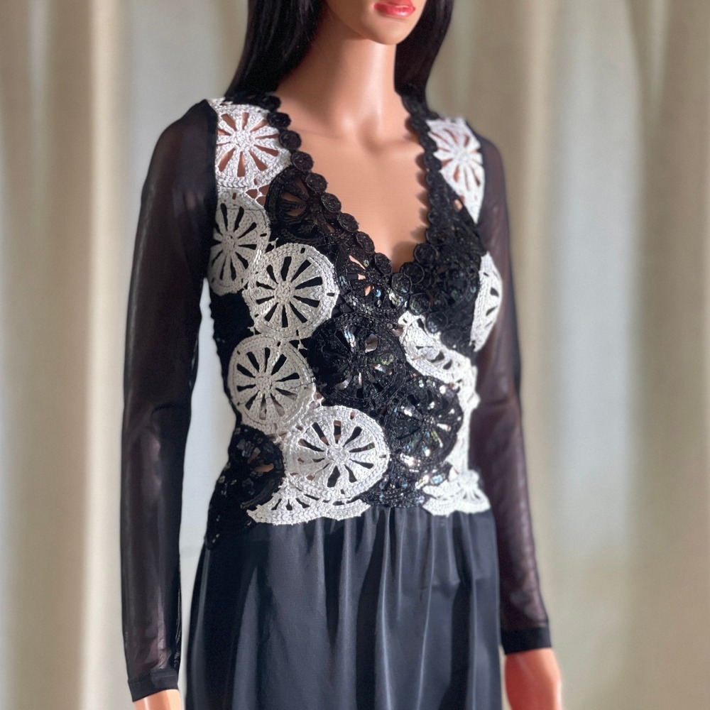 Vintage 90s Sagaie Paris Black Mesh Crochet Wheel Sequin V-Neck Top Long Sleeve
